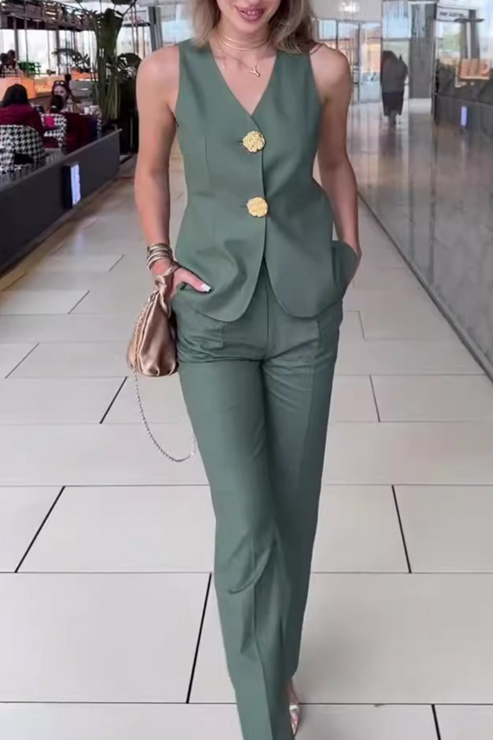 ARIANWEN – ELEGANT SOLID COLOR PATCHWORK V-NECK TWO-PIECE SET