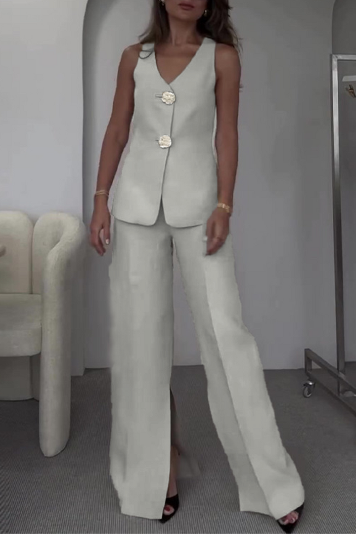 ARIANWEN – ELEGANT SOLID COLOR PATCHWORK V-NECK TWO-PIECE SET