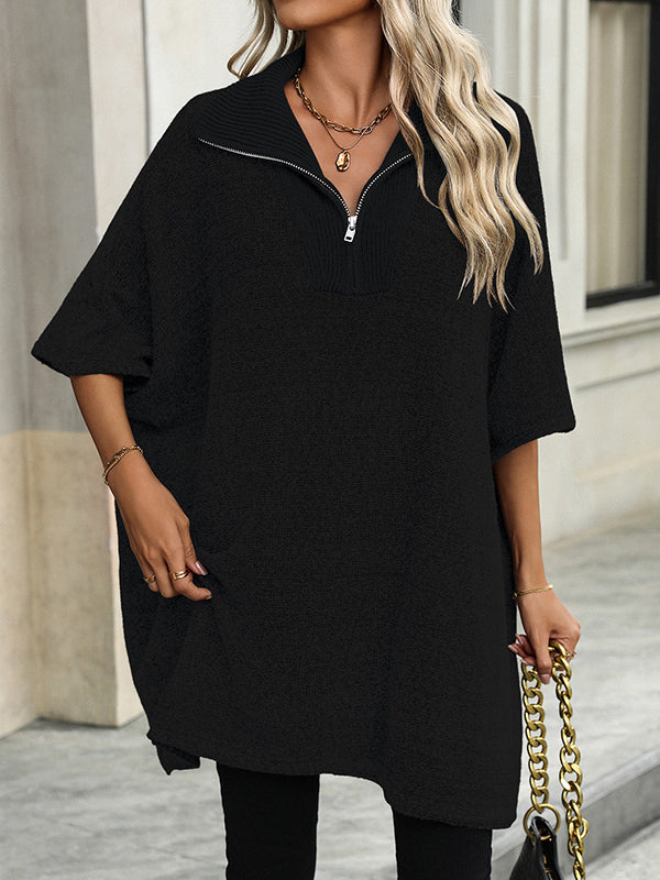 Olivia - Zip Collar Knit Sweater Poncho