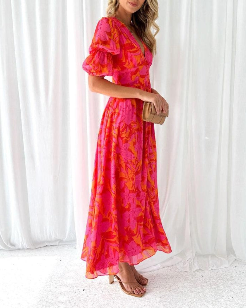 Sierra - Elegant V-neck Puff Sleeve Maxi Dress